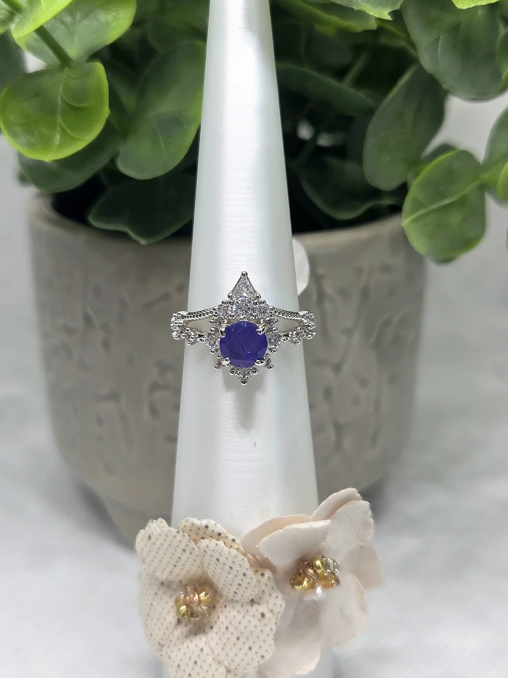 BP Silver Ring with Violet Purple Center and Clear Accent Stones